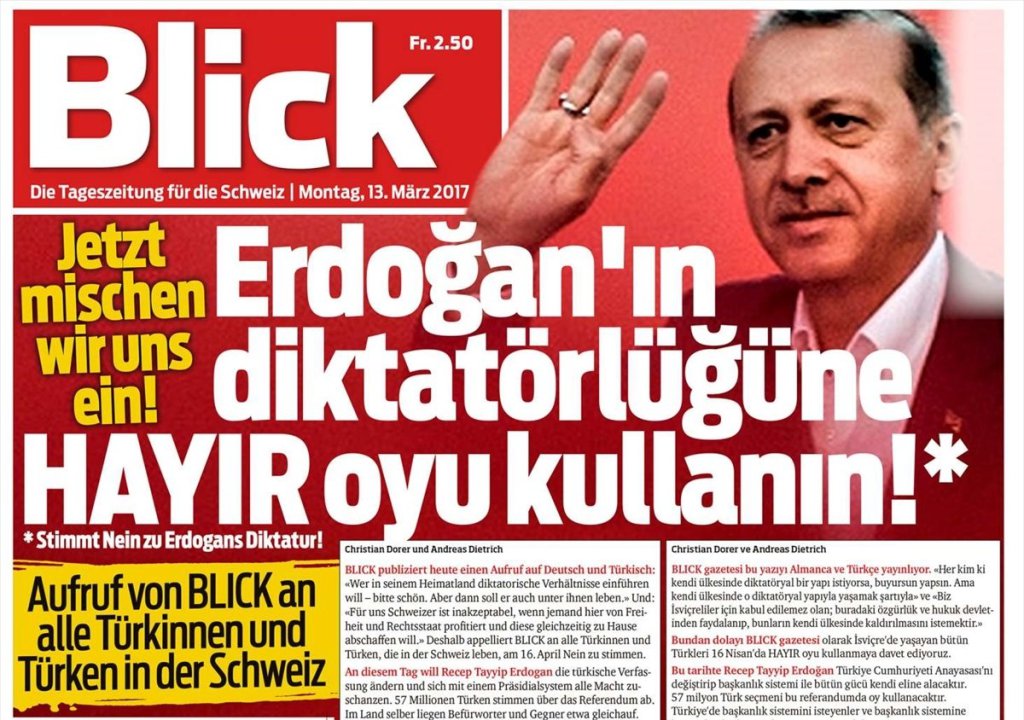 ‏صحيفة سويسرية متطرفة تدعو الأتراك التصويت بـ”لا” في استفتاء إبريل