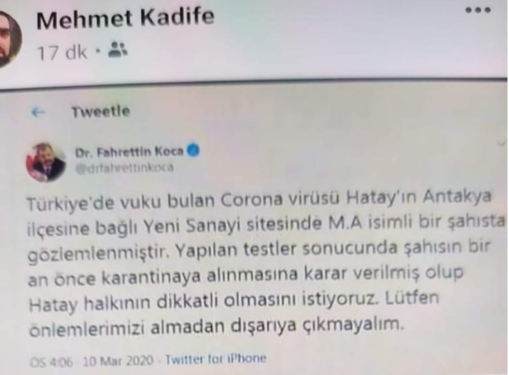 التغريدة المزورة عن لسان وزير الصحة التركي