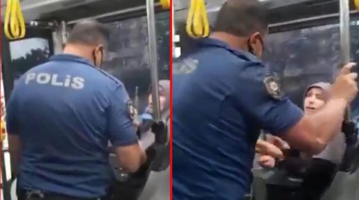 شـ.ـ جار بين امرأة و أحد عناصر الأمن بسبب الكمامة على متن الحافلة في مدينة اسطنبول (فيديو)